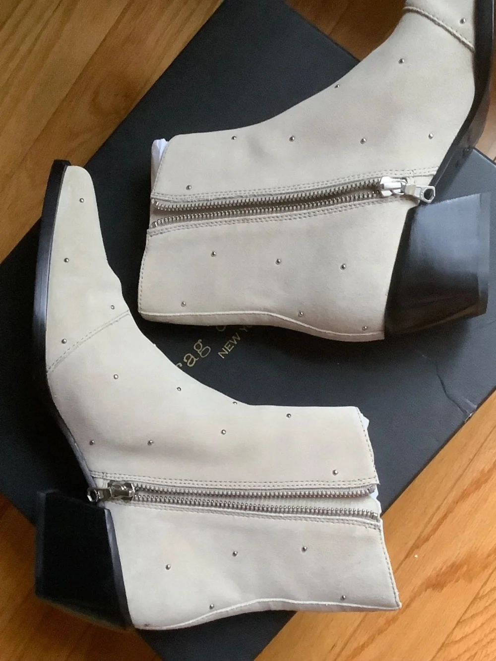 Rag & Bone Joni Studded Zip Block Heel Ankle Boots Light Sand Suede SZ EU 39.5
